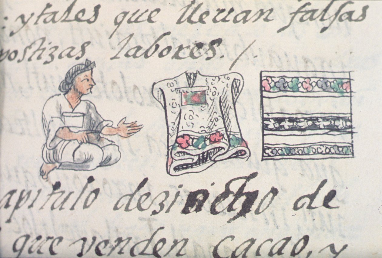 rouva Palat. 218-220 Kirja IX Atsteekkien kauppias, joka myi viittoja, Bernardino de Sahagunin Firenzen Codexista, n. 1540-85 tekijältä Spanish School