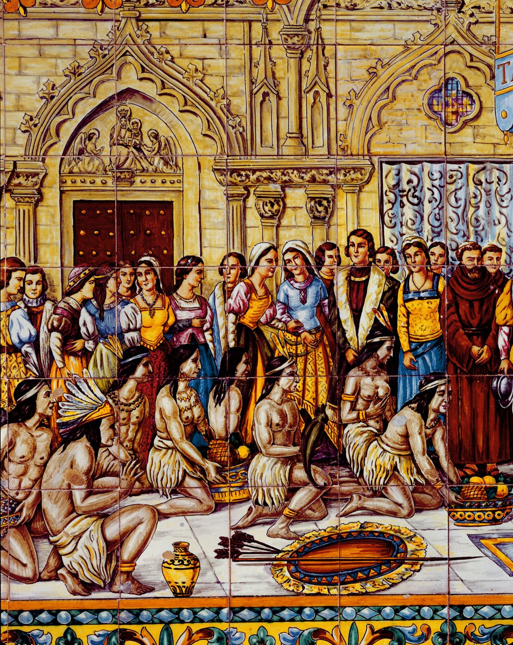 Alkuperäisamerikkalaiset toivat Kolumbuksen seuran Espanjaan vuonna 1492 (keraaminen) tekijältä Spanish School