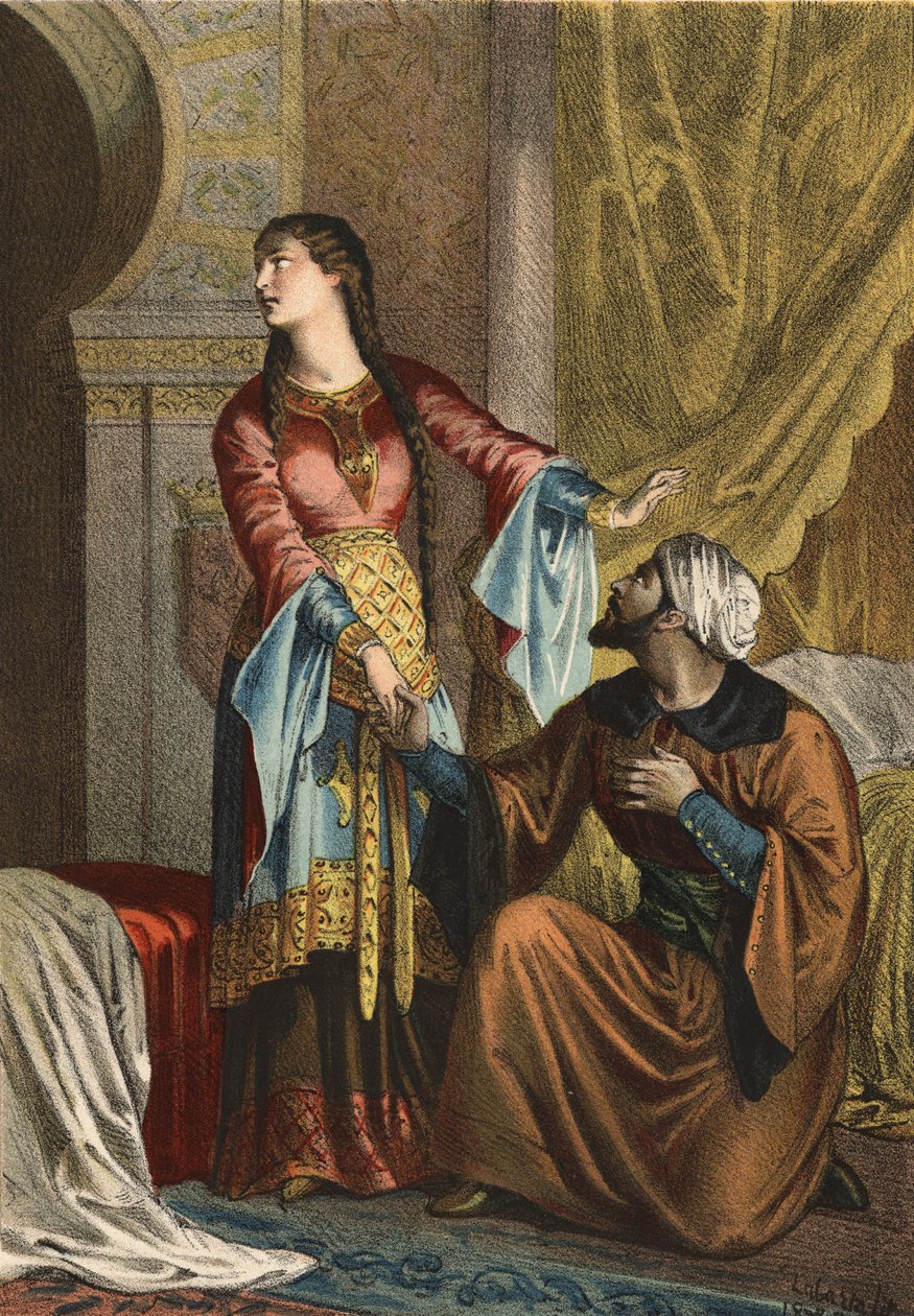 Omar, muslimiprinssi, tekee rakkaudenjulistuksen Kastilian kreivitär Sancha Onalle. Juan Justo Huguetin teoksessa The Cult of Beauty, toimittajat Molinas Hermanos tekijältä Spanish School