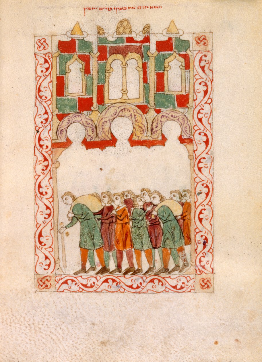 Tai. 2737, fol.83v Kohtaus Exoduksesta, elokuvasta "Hispano-Moresque Haggadah", n. 1300 (vellum) tekijältä Spanish School