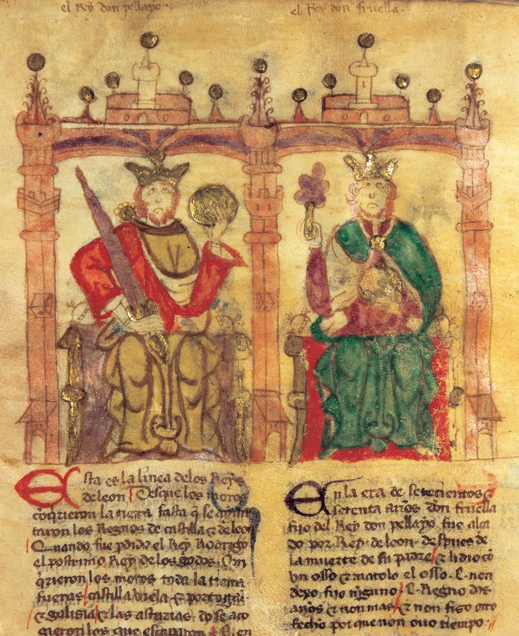 Pelagius (685-737), Asturian kuningaskunnan perustaja ja hänen pojanpoikansa Fruela I (722-68) (pigmentti vellum- tekijältä Spanish School