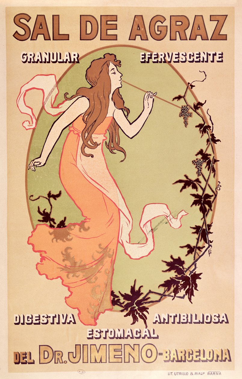 Farmaseuttinen mainos tohtori Jimeno Sal de Agrazille, n. 1900 tekijältä Spanish School
