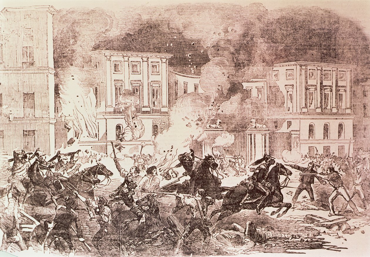 Populistiset kansannousut Madridissa, mellakoittajat yrittävät sytyttää tuleen kuningatar Maria Christinan palatsiin vuonna 1854 (litho) tekijältä Spanish School