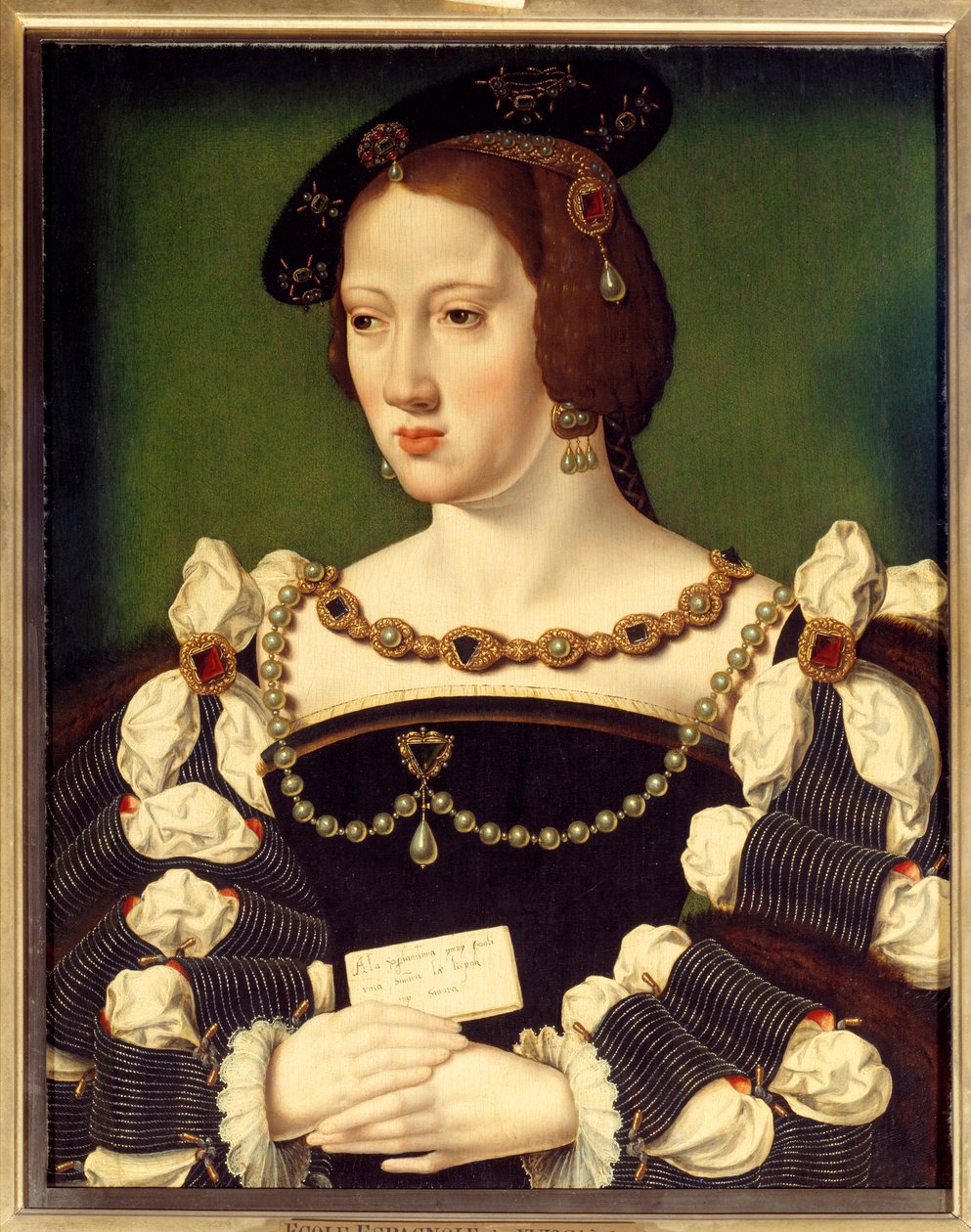 Muotokuva Habsburgin Eleonoresta, Itävallan arkkiherttuattaresta (1498-1558) Ranskan kuningattaresta, Ranskan kuninkaan Francois I:n vaimosta Espanjalaisen koulukunnan maalaus. 16. vuosisata. Chantilly, Conde-museo tekijältä Spanish School
