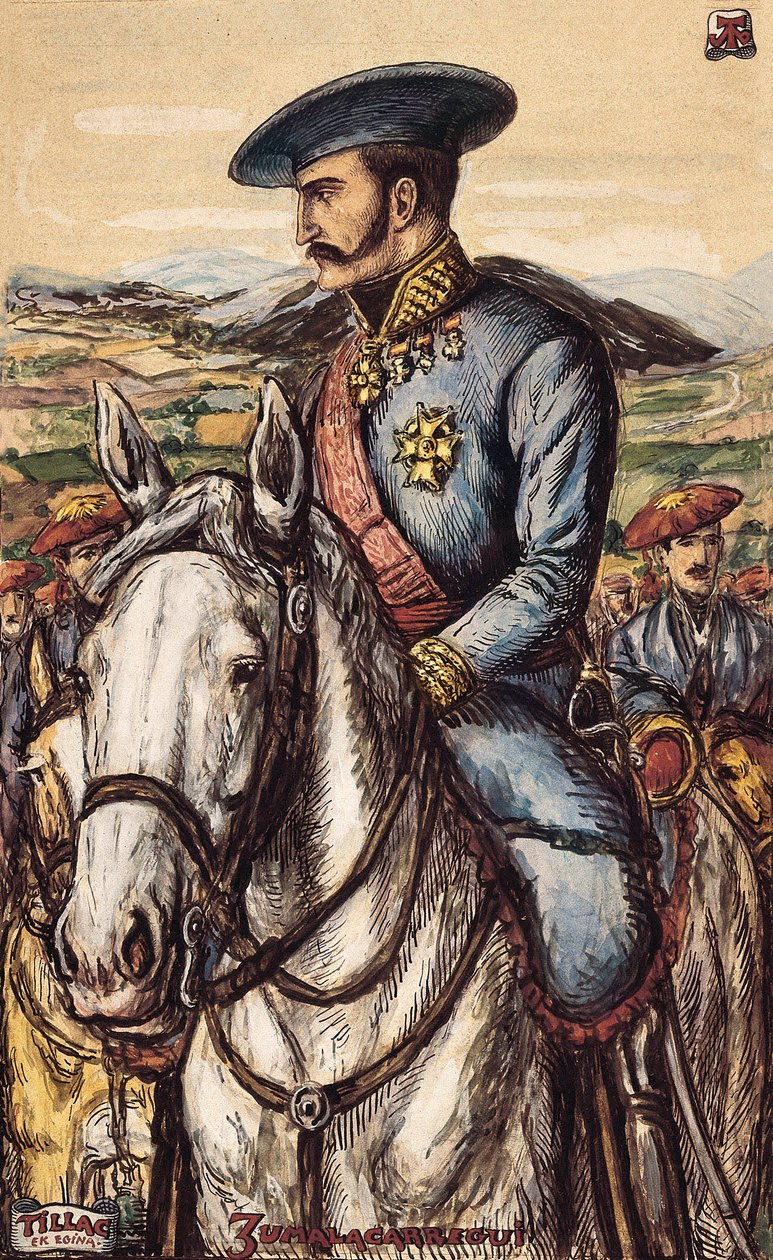 Muotokuva Tomas Zumalacarreguista (1788-1835), karlistiarmeijan sotilasjäsen ensimmäisen sodan aikana (1833-1840) (litografia) tekijältä Spanish School