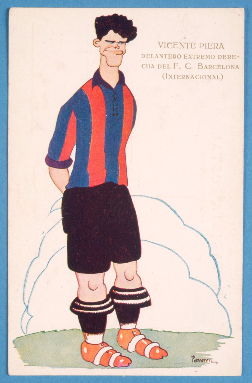 Postikortti, jossa on karikatyyri Barcelonan espanjalaisesta jalkapalloilijasta Vicente Pierasta tekijältä Spanish School