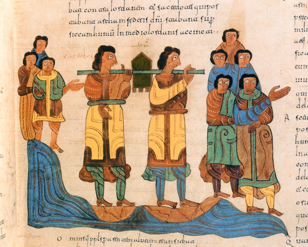 Papit kantavat liitonarkin Jordan-joen yli, 2. Moos. 16:6, visigootti-mosaraabilainen Pyhän Isidores-Raamattu, fol.90r., A.D. 960 (tempera on vellum) tekijältä Spanish School