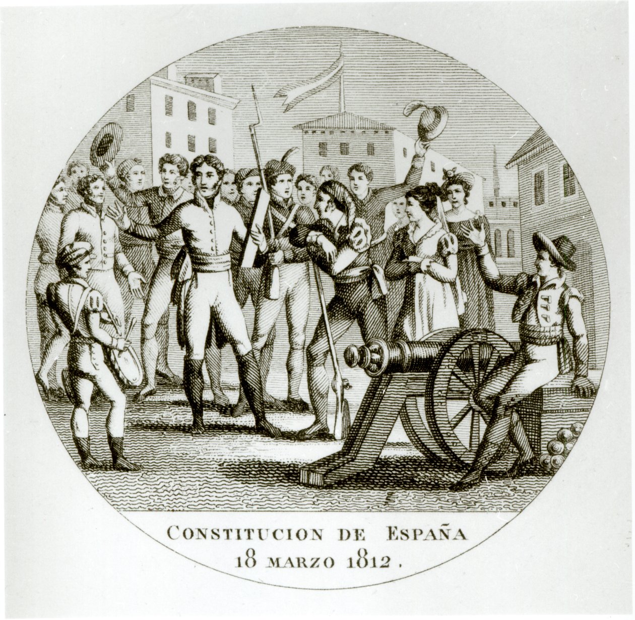 Patrioottien julistus liberaalista perustuslaista 18. maaliskuuta 1812, jonka Cortes julisti Cadizissa tekijältä Spanish School
