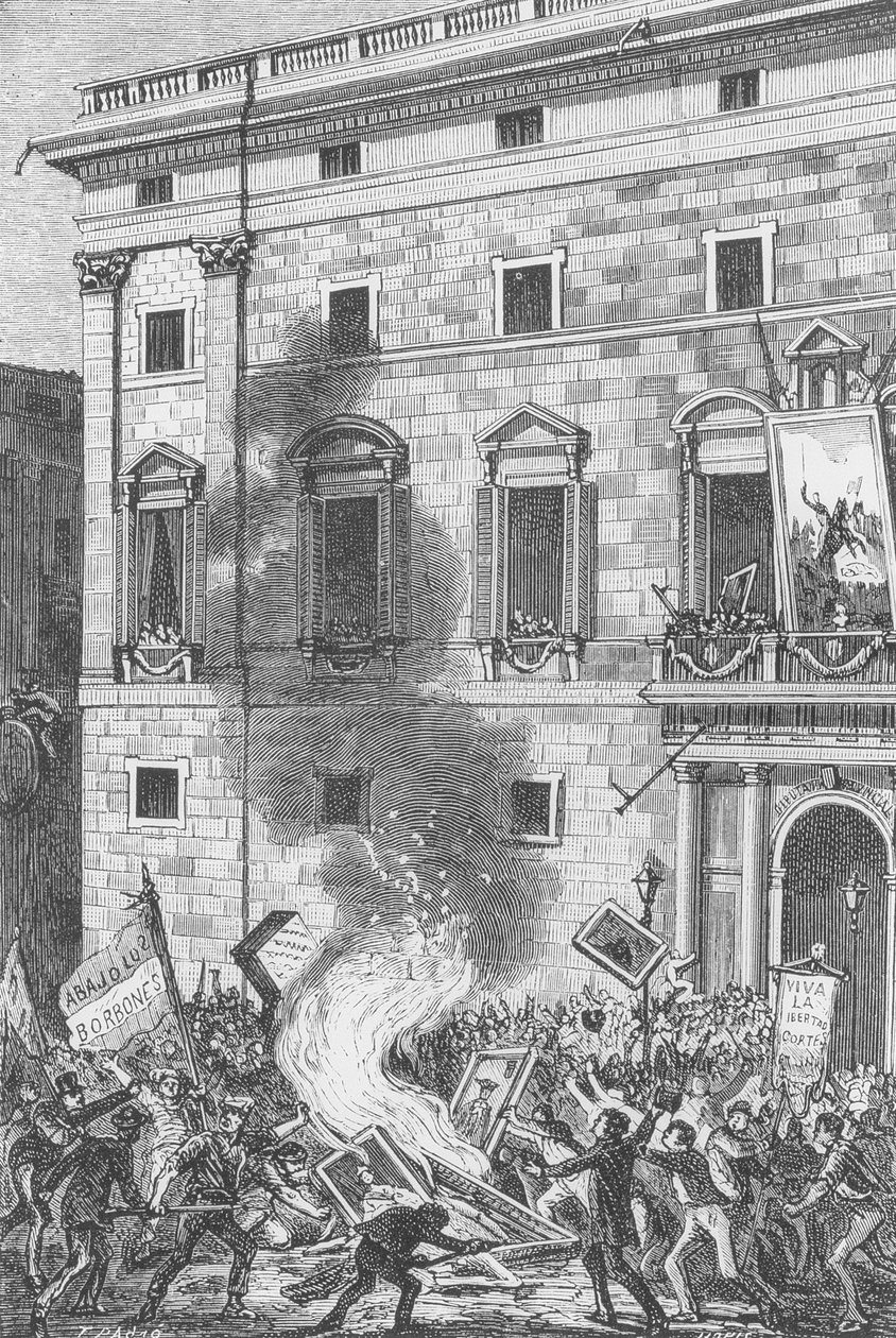 Barcelonan asukkaat polttamassa Bourbonien muotokuvia, 1868 (kaiverrus). tekijältä Spanish School