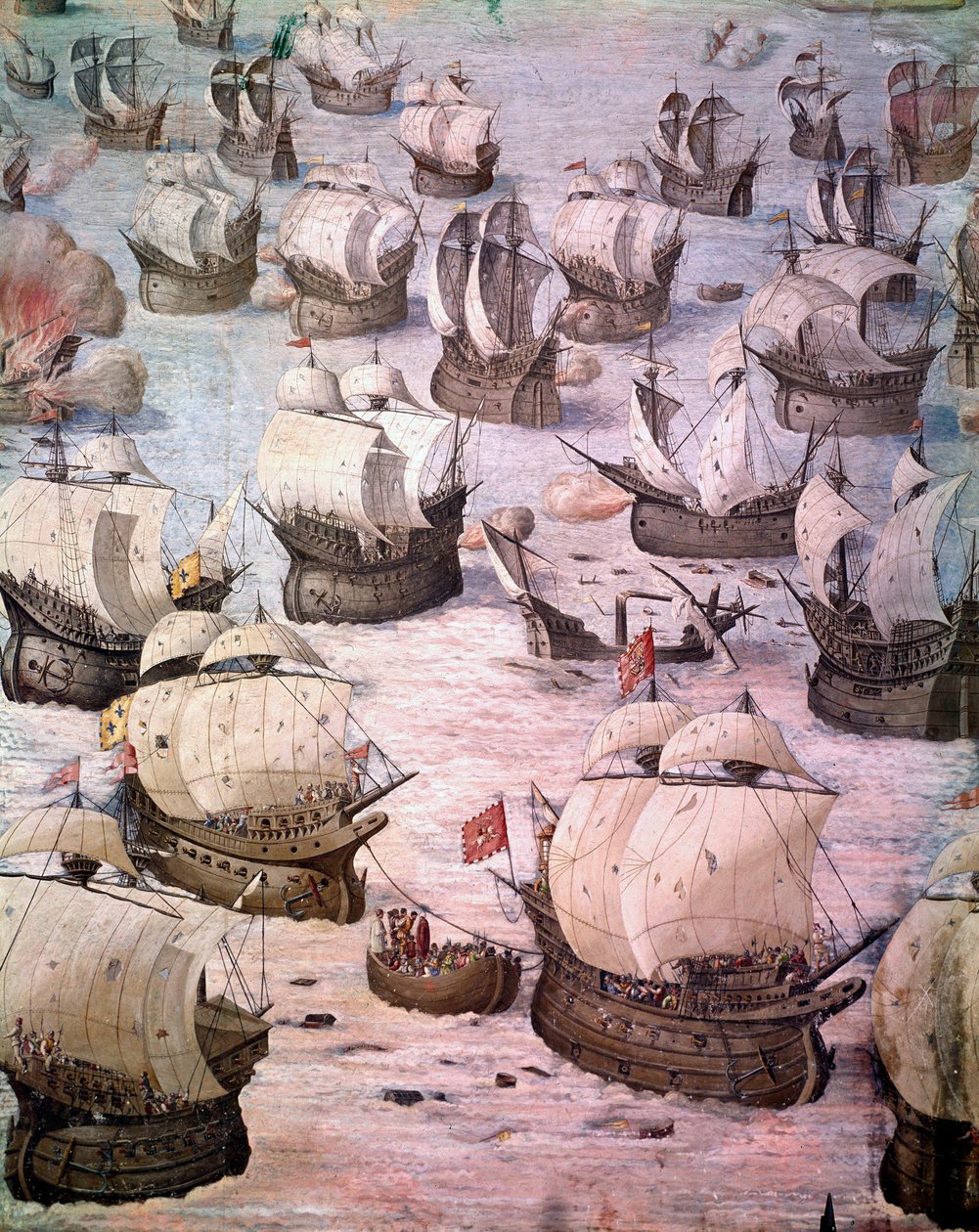 Espanjalaisten galleonien regatta matkalla Acoresiin vuonna 1582 Espanjan kuninkaan Philip II:n (1527-1598) johdolla. 1500-luvun fresko. Taisteluhalli, Escorialin palatsi, Madrid. tekijältä Spanish School