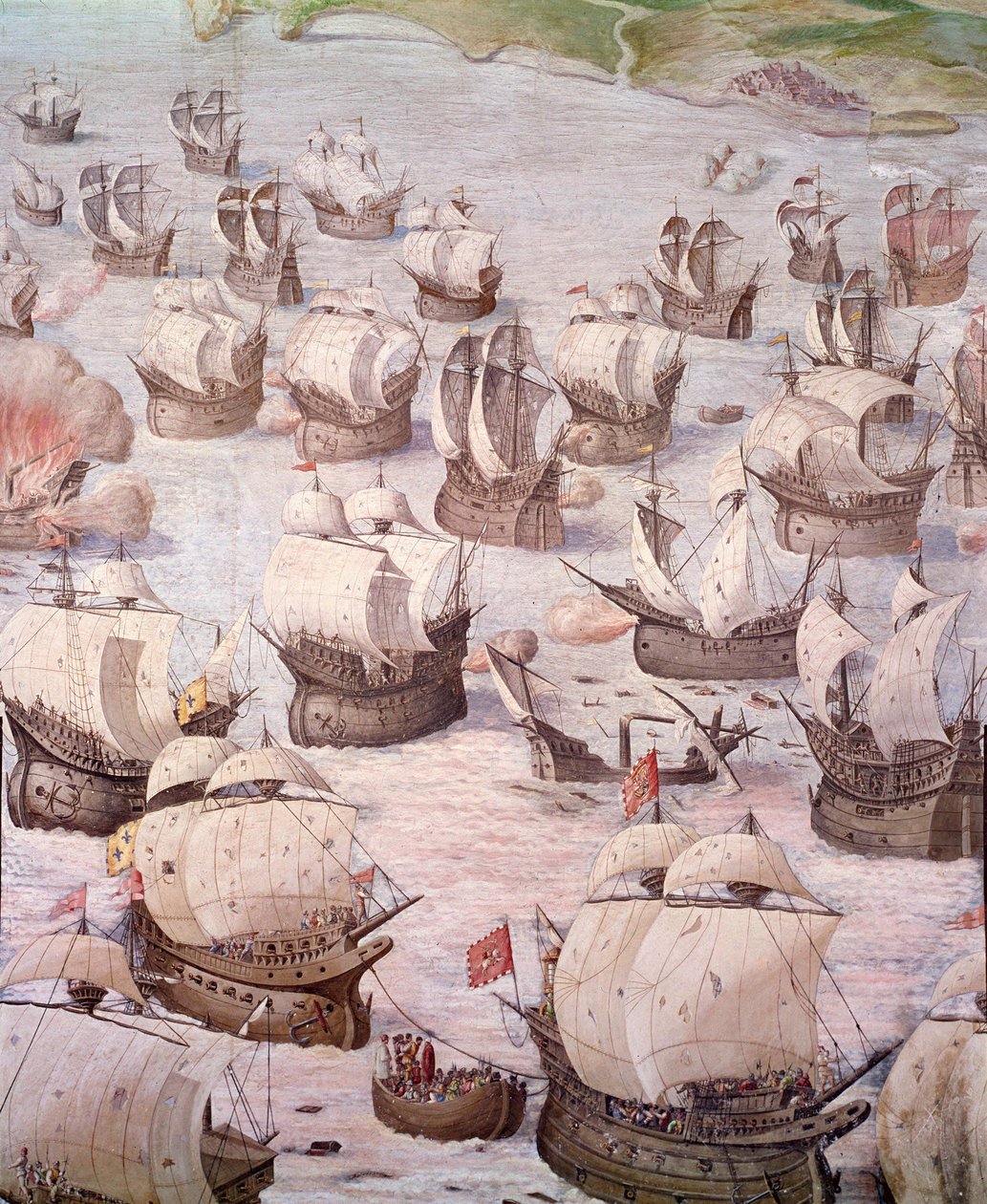 Espanjalaisten galleonien regatta matkalla Acoresiin vuonna 1582 Espanjan kuninkaan Philip II:n (1527-1598) johdolla. 1500-luvun fresko. Taisteluhalli, Escorialin palatsi, Madrid. tekijältä Spanish School