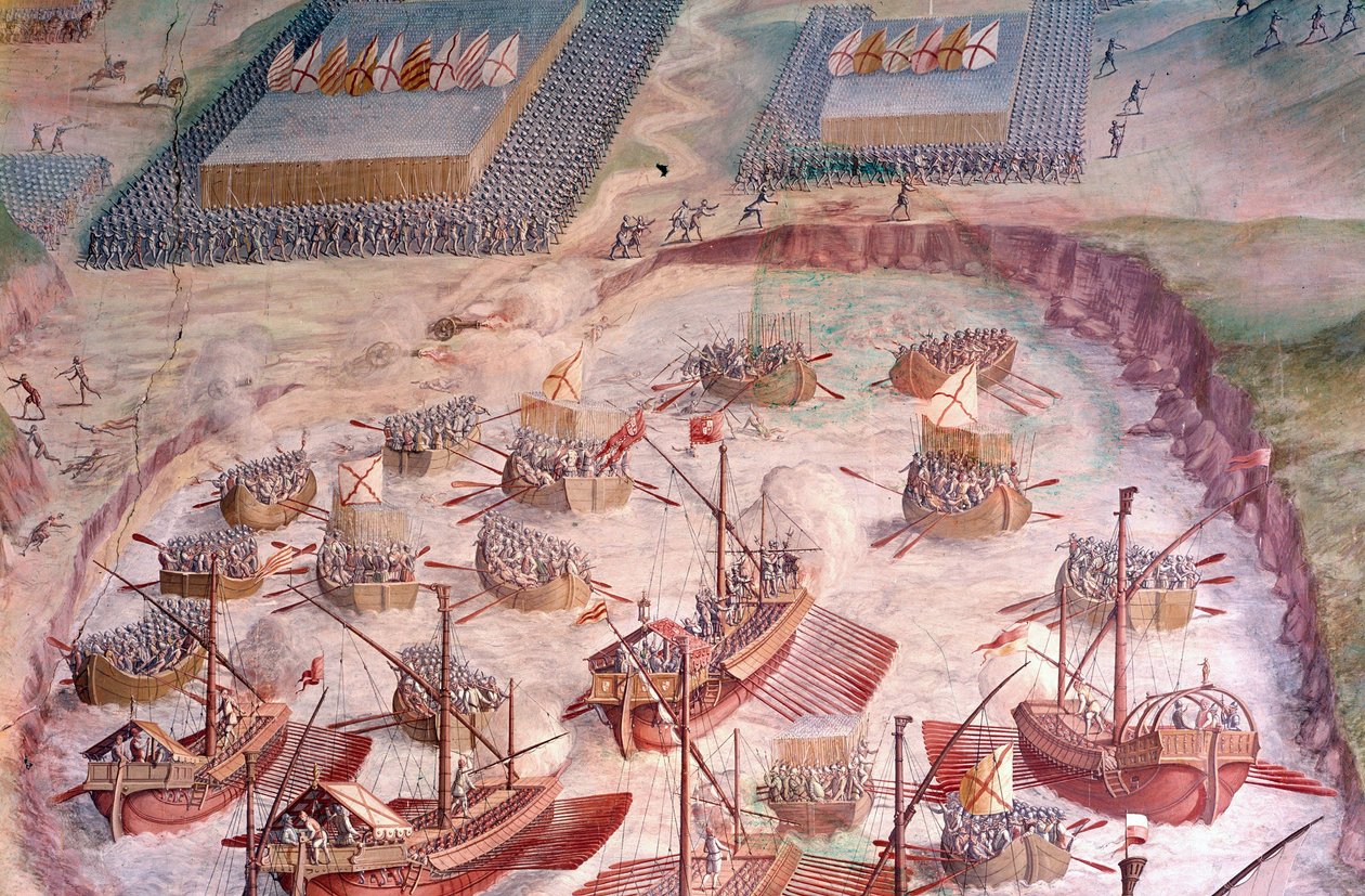 Espanjalaisten galleonien regatta matkalla Acoresiin vuonna 1582 Espanjan kuninkaan Philip II:n (1527-1598) johdolla. 1500-luvun fresko. Taisteluhalli, Escorialin palatsi, Madrid. tekijältä Spanish School