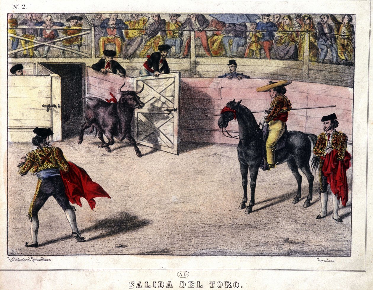 Härkän vapauttaminen, härkätaistelut Espanjassa, litografia sd. 1800-luvulla tekijältä Spanish School