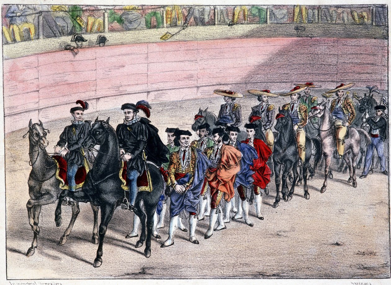 Kvadrillin julkaisu, corrida Espanjassa, litografia sd. 1800-luvulla tekijältä Spanish School
