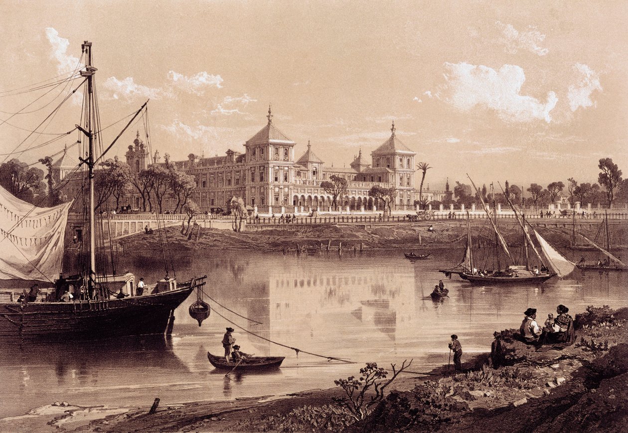 Sevilla, San Telmon palatsi Guadalquivir-joen rannalla. Andalusia, Espanja (1800-luku). Madrid, Kansalliskirjasto. tekijältä Spanish School