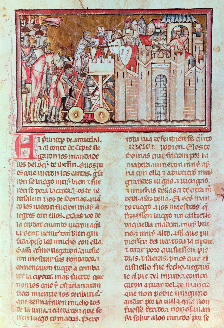 Kuningas Aynartin puolustaman Belinan kaupungin piiritys ja hyökkäys käsikirjoituksesta "Gran conquista de ultramar" (vellum) tekijältä Spanish School