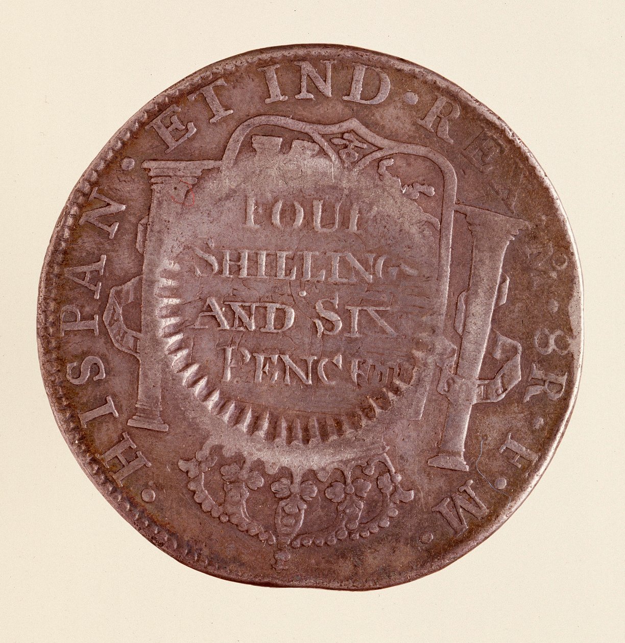Hopeakolikko (8 realia) Espanjasta: Kaarle III:n hallituskausi (1759-1788). 1777, vastaleima 1787. Halk. 3,9 cm Napoli, museo archeologico tekijältä Spanish School