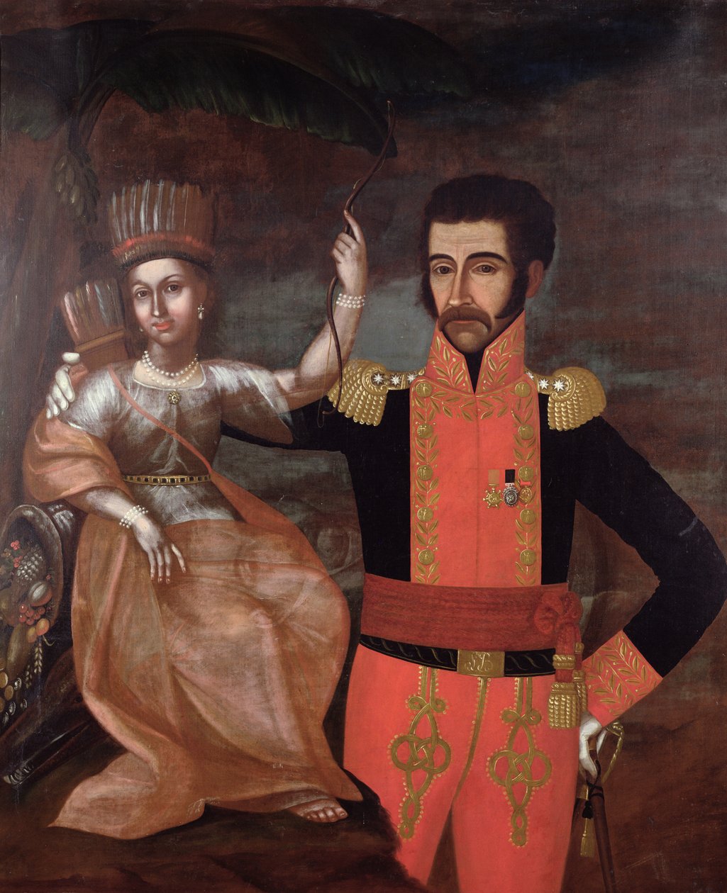 Simon Bolivar (1783-1830) ja intiaani nainen tekijältä Spanish School