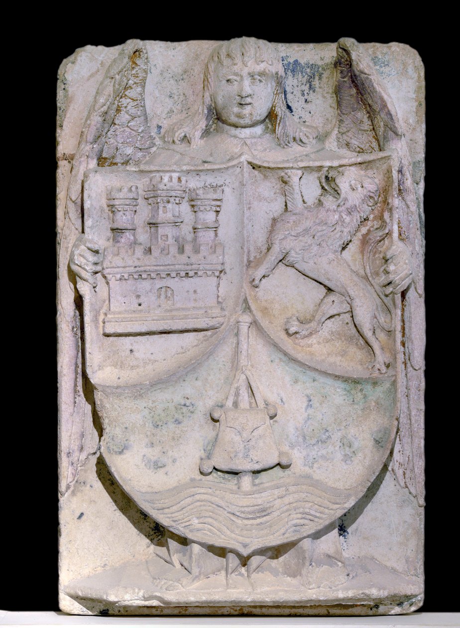 1300-luvun espanjalainen laastari: Kastilian ja Leonin vaakuna, Saint Jacques de Compostelaa muistuttava pelerin sauva, säilytetty Fontenayn, Burgundiassa (Kastilian ja Leonin vaakuna, Espanja) tekijältä Spanish School