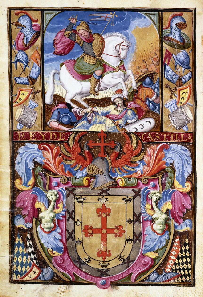 St. James valkoisella hevosella ratsastamassa maurien ruumiiden yli ja Gomezin perheen vaakuna, 1606 tekijältä Spanish School