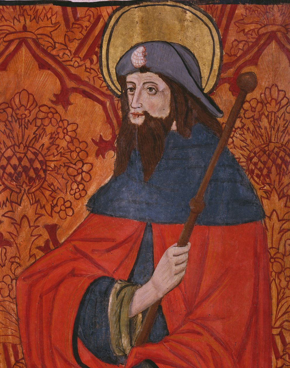 Pyhä Jaakob Suuri, yksityiskohta, paneeli San Andres of Torturan kirkosta, 1400-luvun loppu - 1500-luvun alku (maalattu puu) (katso myös 345848) tekijältä Spanish School