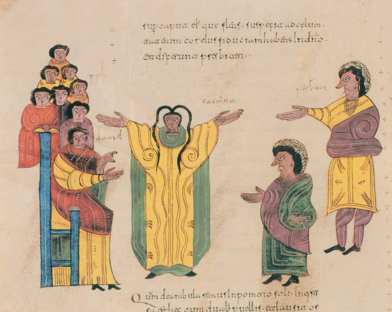 Susanna ja vanhimmat, visigootti-mosaraabilainen Pyhän Isidoreksen Raamattu, fol.324v., A.D. 960 (tempera vellum) tekijältä Spanish School