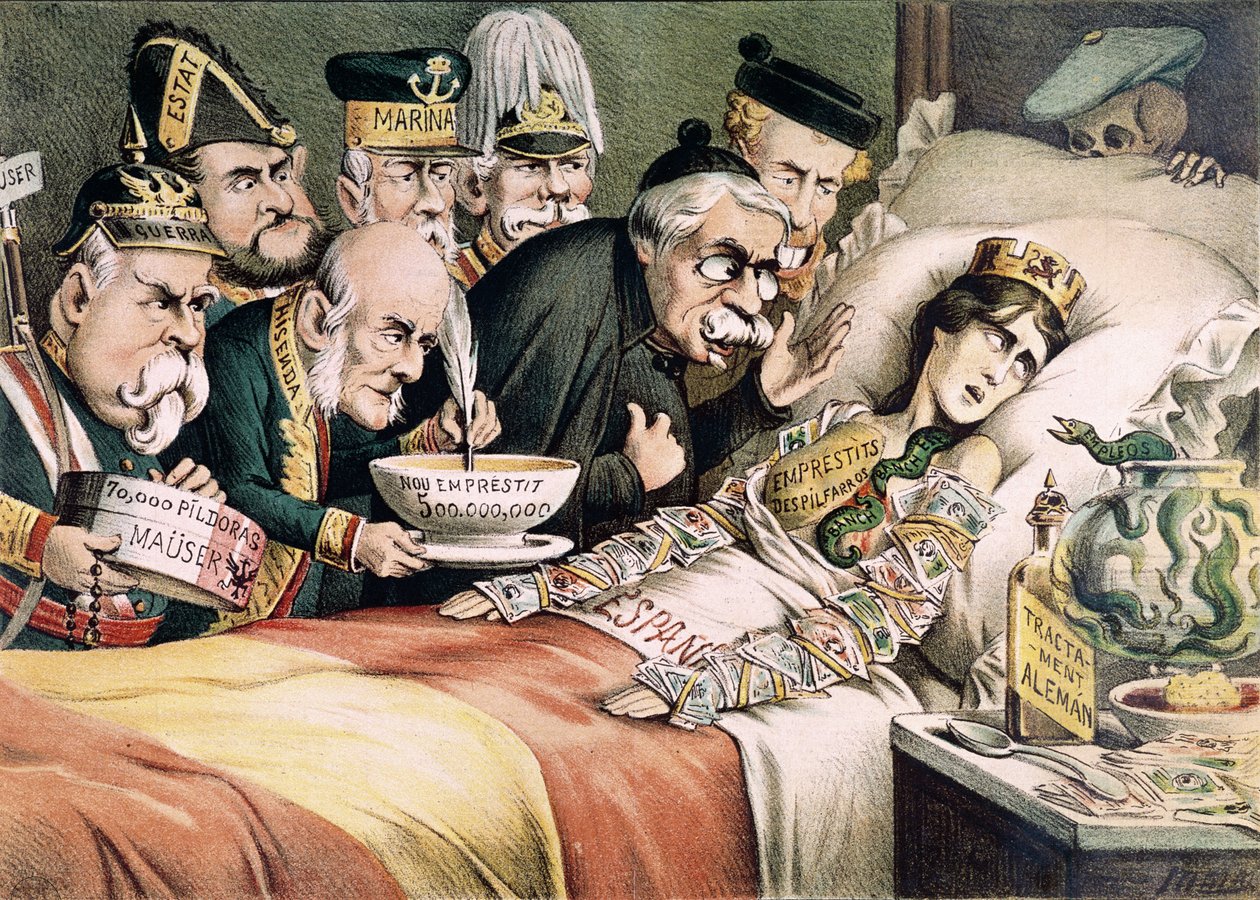 Marttyyrin tuska, Espanjan talouskriisiin liittyvä karikatyyri, 1892 tekijältä Spanish School