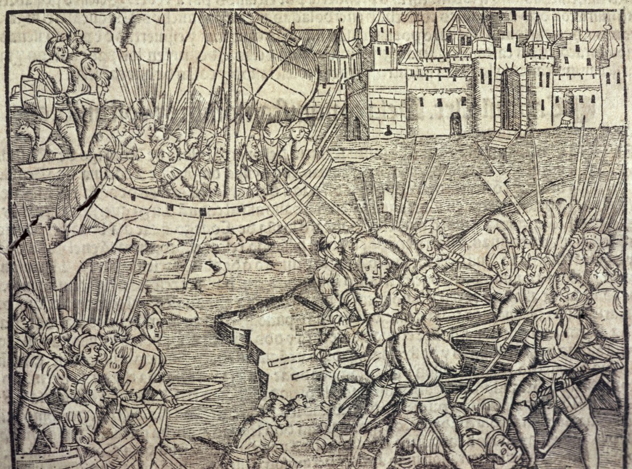 Perun valloitus, kuvitus Francisco Lopez de Gomaran (s.1510) teoksesta "Intian ja uuden maailman yleinen historia", 1554 (kaiverrus) tekijältä Spanish School