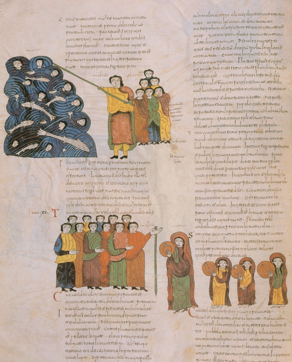 Punaisen meren ylitys ja heprealaisten naisten tanssi Mooseksen ja hänen säestäjiensä tamburiinien soidessa, Visigootti-Mozarabilainen Pyhän Isidoreksen Raamattu, Fol.39., A.D. 960 (tem) tekijältä Spanish School