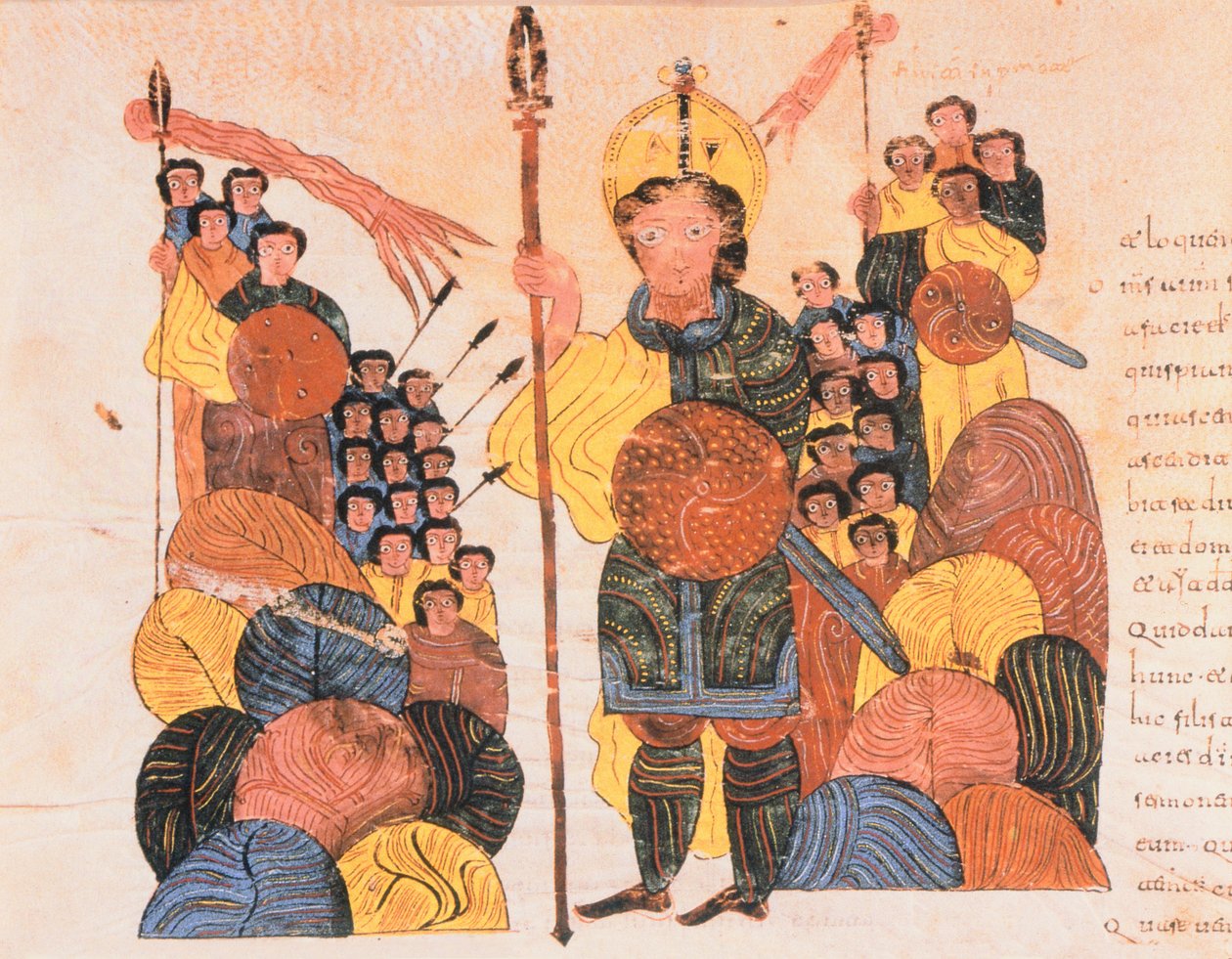 Goljatin tappio, visigoottilais-mozarabilainen Pyhän Isidores-Raamattu, fol.118v., A.D. 960 (tempera vellum) tekijältä Spanish School