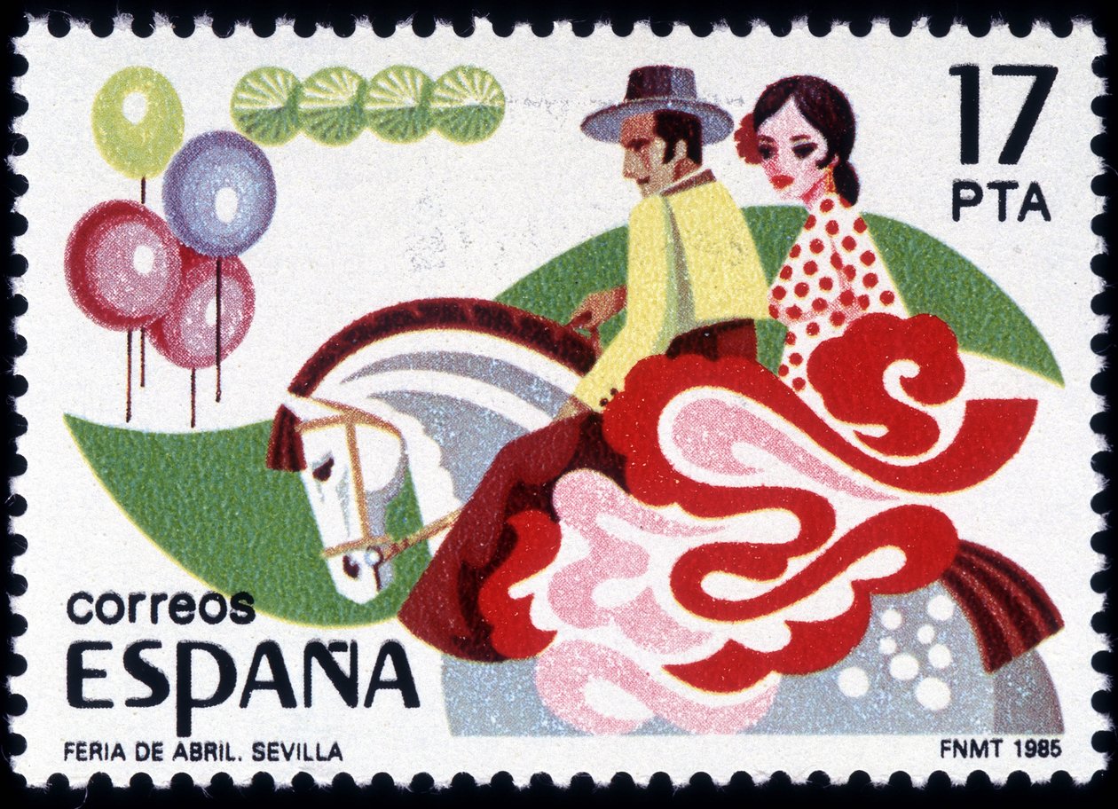 Sevillan Feria: pariskunta kansanpuvussa hevosen selässä - espanjalainen postimerkki tekijältä Spanish School