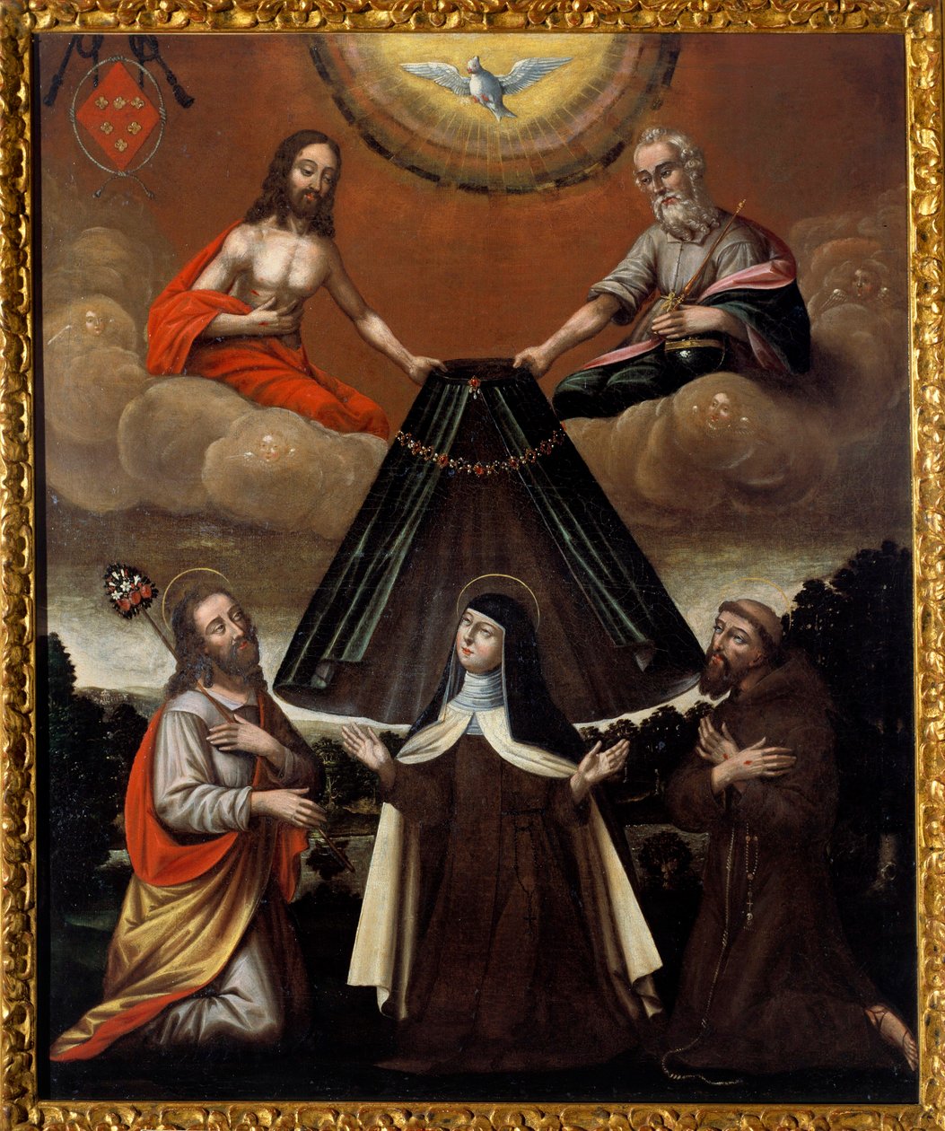 Pyhä kolminaisuus, jolla on pyhän Teresan Avilalaisen vaippa, jota kutsutaan myös Jeesuksen Tereseksi, Karmelin uudistajaksi (kuoli 1582). Espanjalaisen koulun maalaus. 17. vuosisata. Saint Denis, taide- ja historiamuseo tekijältä Spanish School