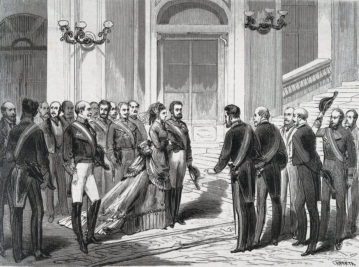 Espanjan kuningas Amedee I (Amedeo Ferdinando Maria di Savoia) (1845-1890) ja hänen vaimonsa kuningatar Maria Victory dal Pozzo della Cisterna (1847-1876) saapuessaan Madridin kuninkaalliseen palatsiin 19.3.1871. Kaiverrus "" La Ilustracion Espanola y Amer tekijältä Spanish School