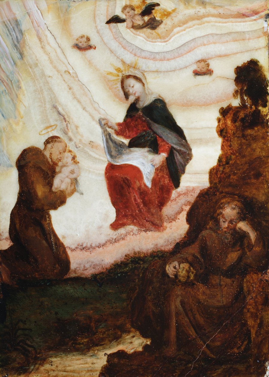 Madonna ja lapsi ilmestymässä pyhälle Franciscukselle (öljy) tekijältä Spanish School