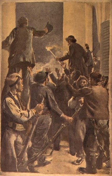 Vallankumousneuvoston julistus Barcelonan kaupungintalossa, 29. syyskuuta 1868 (akvarelli ja kynä paperille) tekijältä Spanish School