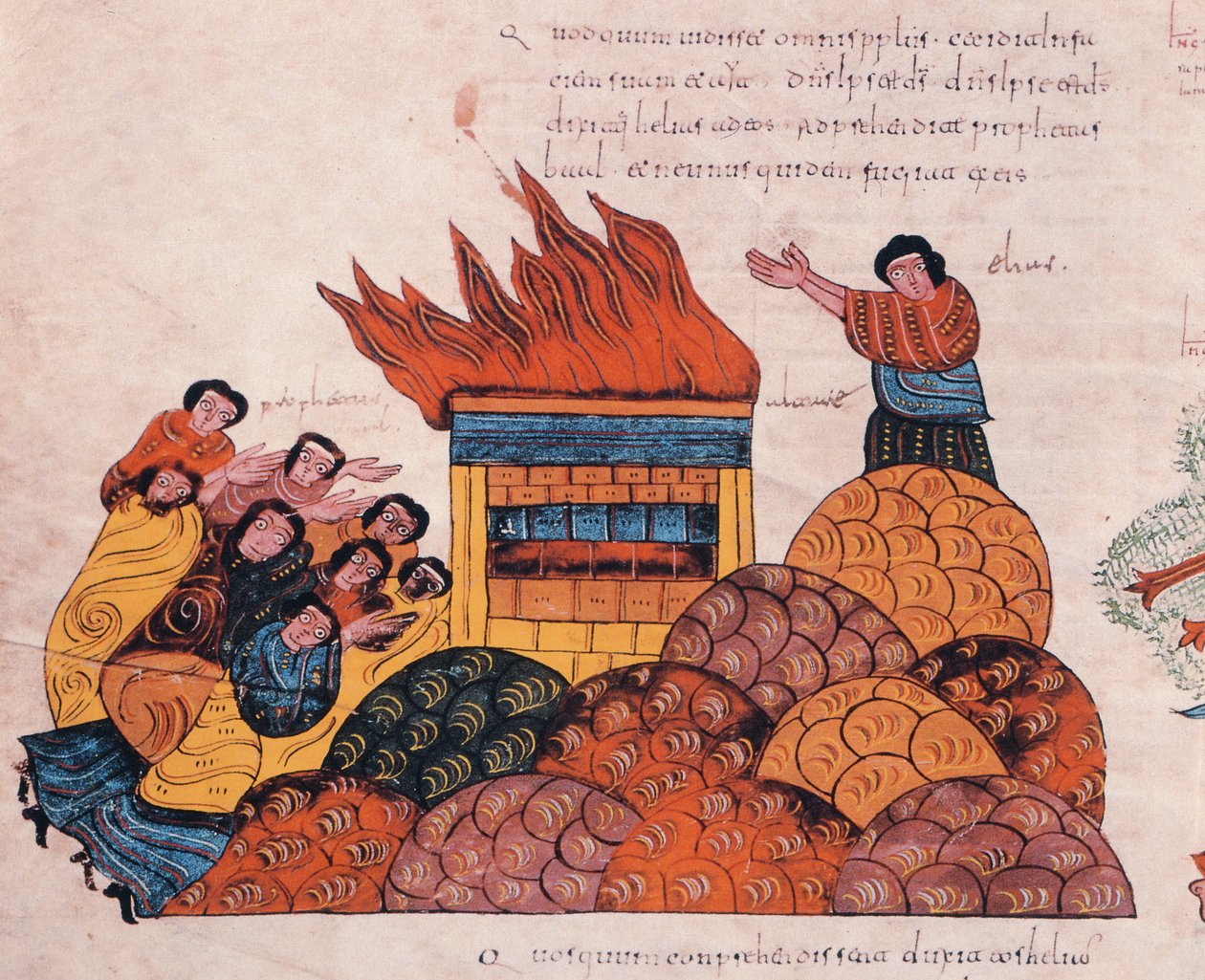 Profeetta Elias rukoilee Karmel-vuorella, että Israelin Jumala tuomittaisiin Baalin pappien edessä ja tuli putoaa taivaasta (1. Kuninkaiden 18), fol.145v., Visigootti-Mosarabialaisen Pyhän Raamatun Raamatusta. tekijältä Spanish School