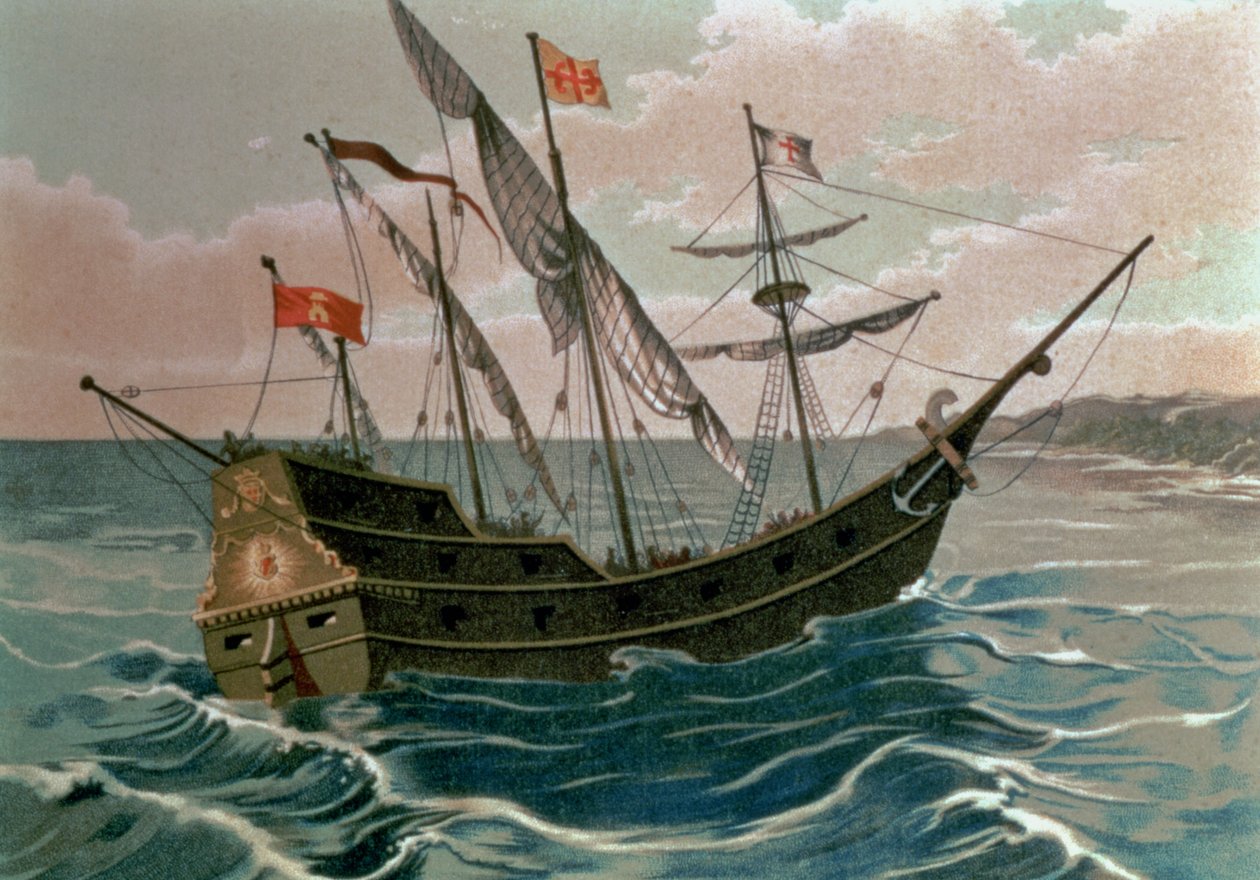 Santa Maria lähestyy uuden maailman rannikkoa vuonna 1492, "The Discovery of America", pub. Barcelona tekijältä Spanish School