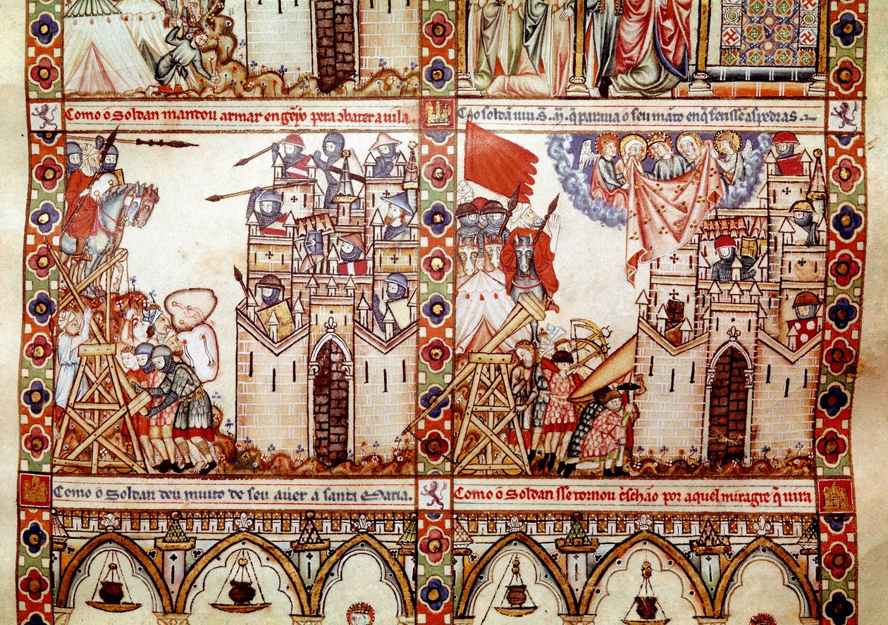 Saraseenit piirittivät kristittyä kaupunkia Yksityiskohta yhdeltä sivulta, joka on otettu Pyhän Marian laulun (Cantigas de Santa Maria) käsikirjoituksesta, koristelemalla pyhälle Marialle ja hänen ihmeilleen omistettuja miniatyyrejä, kokoelma lauluja, jotk tekijältä Spanish School
