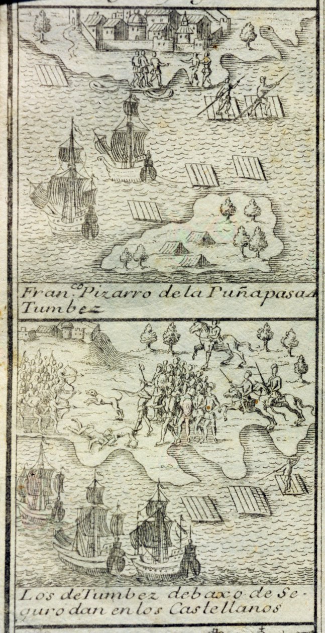Francisco Pizarron saapuminen Tumbesiin 180 miehen ja kolmen laivan kanssa tekijältä Spanish School