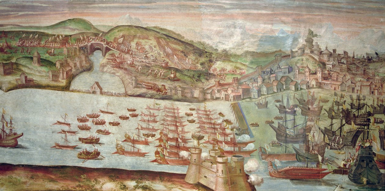 Laivaston saapuminen Lissaboniin, kohtaus Alvaro de Bazanin suorittamasta Portugalin vastaisesta merikampanjasta Espanjan Philip II:n hallituskauden aikana (fresko) tekijältä Spanish School