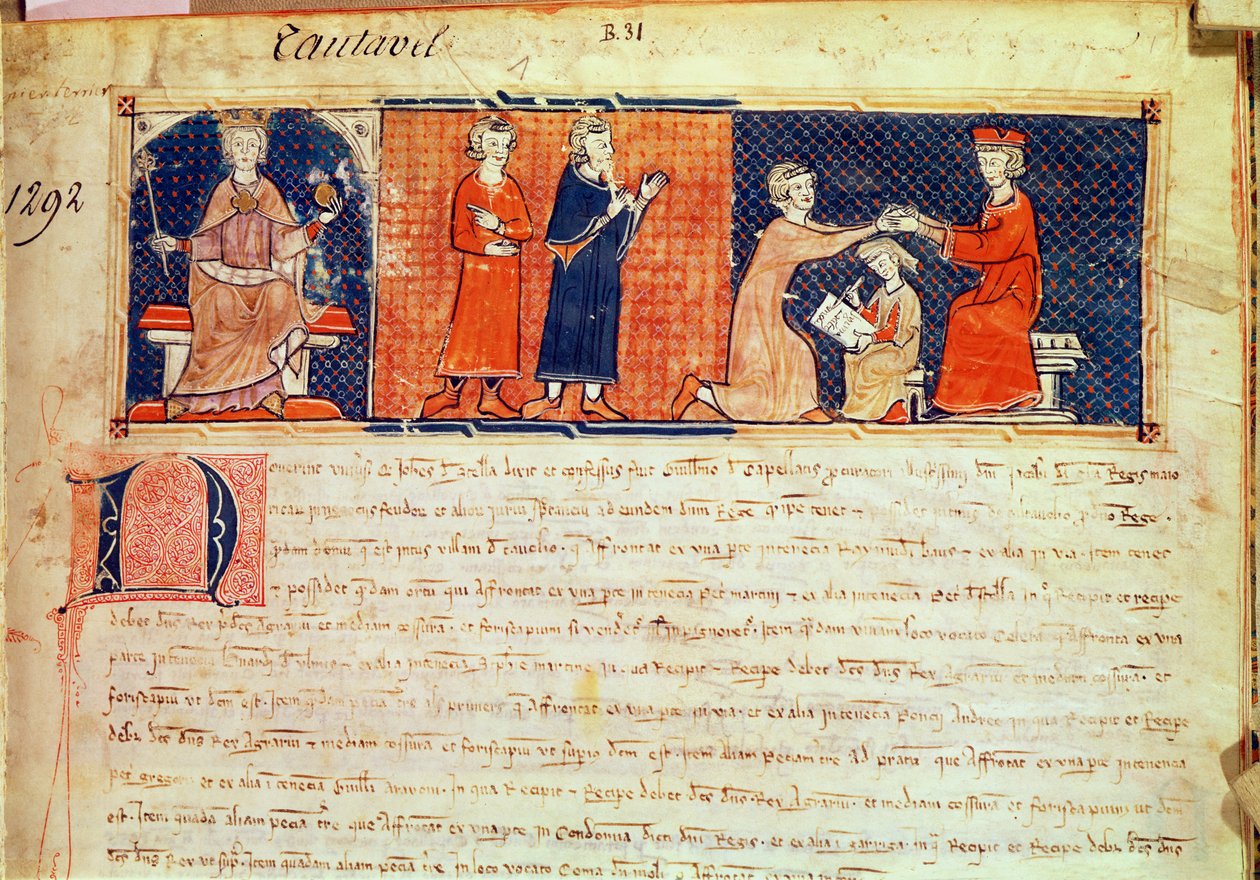 Feodaaliherra saarnaamassa saarnaansa Mallorcan kuninkaalle James I:lle (1207-76) Capbreu de Clayra et de Millasista, 1292 tekijältä Spanish School