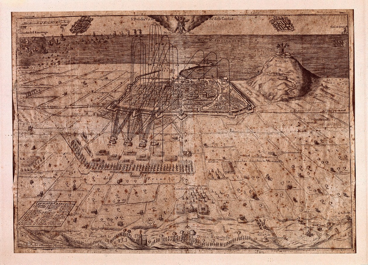 Katalonian nostaminen tai viikatemiessota (1640-1659), Barcelonan päämaja meritse ja maalla Espanjalaisen Filip IV:n (1605-1665) joukkojen toimesta. Kaiverrus 1652. Kaupungin historiallinen museo, Barcelona. tekijältä Spanish School
