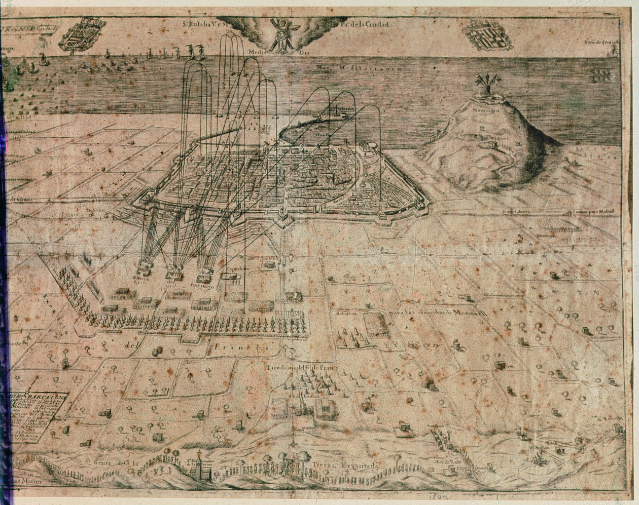 Barcelonan kaupungin piiritys kuningas Filip IV:n joukkojen toimesta Viikatemiessodan aikana 1640-1652 (kaiverrus) tekijältä Spanish School