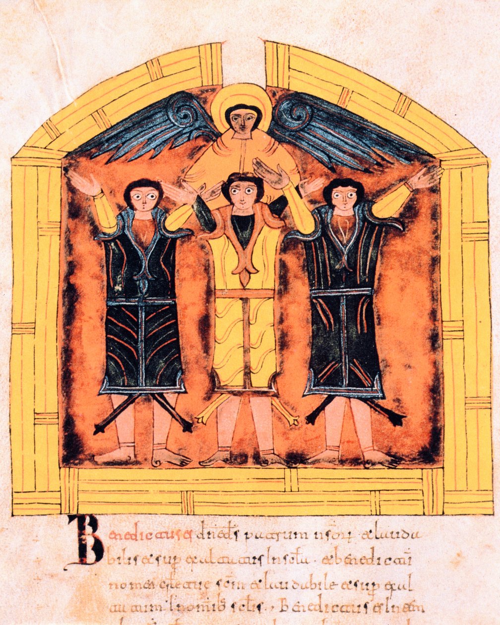 Kolme heprealaista, Sadrak, Mesak ja Abed-nego, jotka Nebukadnessarin uuniin heitti, fol.318v, visigoottilais-mozarabialainen Pyhän Isidoren Raamatun 960 jKr. (tempera vellum) tekijältä Spanish School