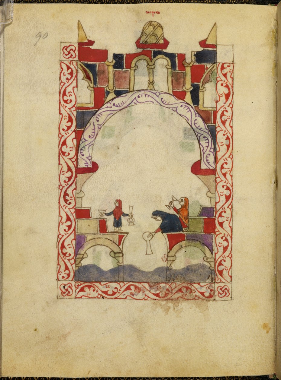 Kolme naista upottamassa astioita altaaseen. Valaistu käsikirjoitus espanjalais-moreskista Haggadah, n. 1300, Espanja, Or. 2737, fol. 90 (vellum) tekijältä Spanish School