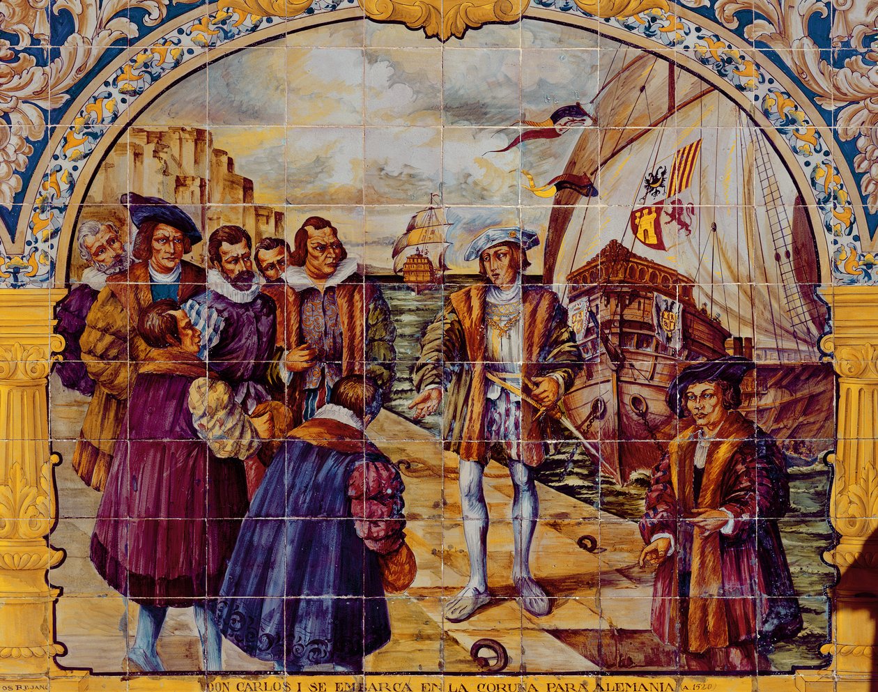 Laatat, jotka kuvaavat Espanjan kuningas Kaarle I:tä valmistautumassa vuonna 1520 La Corunan satamasta hyväksymään hänen valintansa Pyhän Rooman keisariksi (keramiikka) tekijältä Spanish School