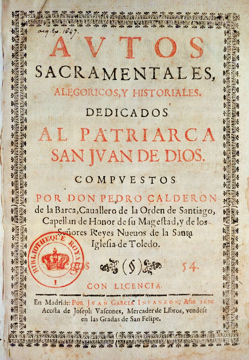 Pedro Calderon de la Barcan (1600-1681) nimisivu Los Autos Sacramentalesista, toimittanut Juan Garcia Infanzon, 1690 (painettu paperi) tekijältä Spanish School