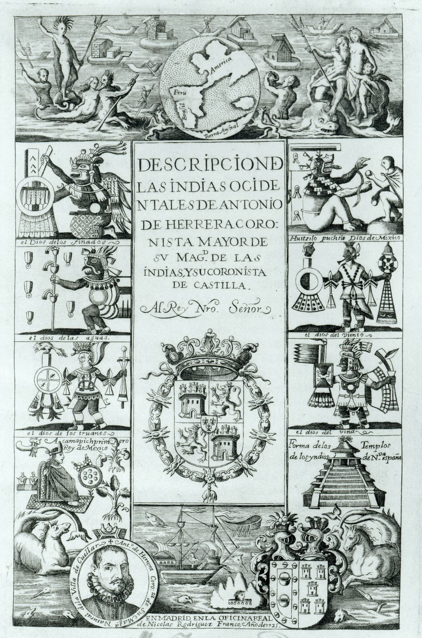 Antonio de Herrera y Tordesillasin kuvauksen Länsi-Intian nimisivu, Madrid-painos, 1725 tekijältä Spanish School