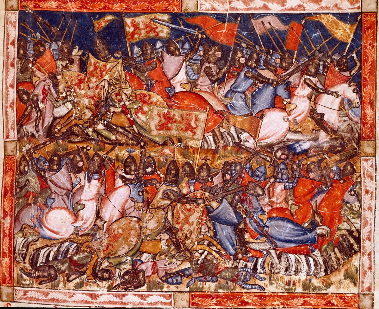 Troijan sota: Hectorin hyökkäyksiä. Yksityiskohta pienoiskoosta espanjalaisesta käsikirjoituksesta "Codex Benito de Santa Mora" tekijältä Spanish School