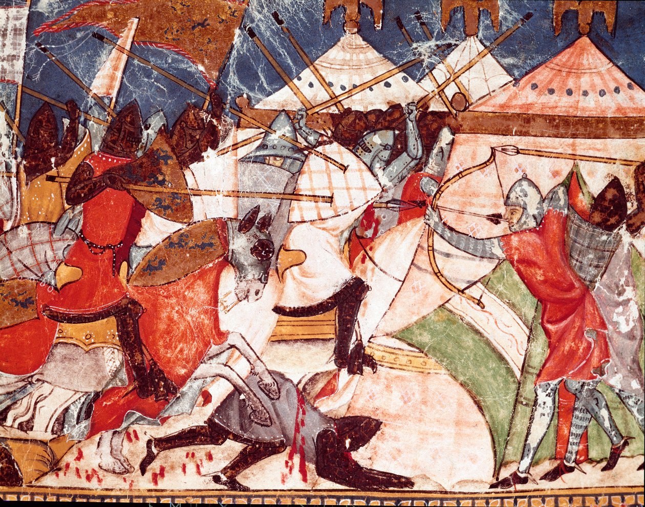 Troijan sota: Troijalaiset tunkeutuvat kreikkalaisten sotilaiden leiriin. Yksityiskohta pienoiskoosta espanjalaisesta käsikirjoituksesta "Codex Benito de Santa Mora" tekijältä Spanish School